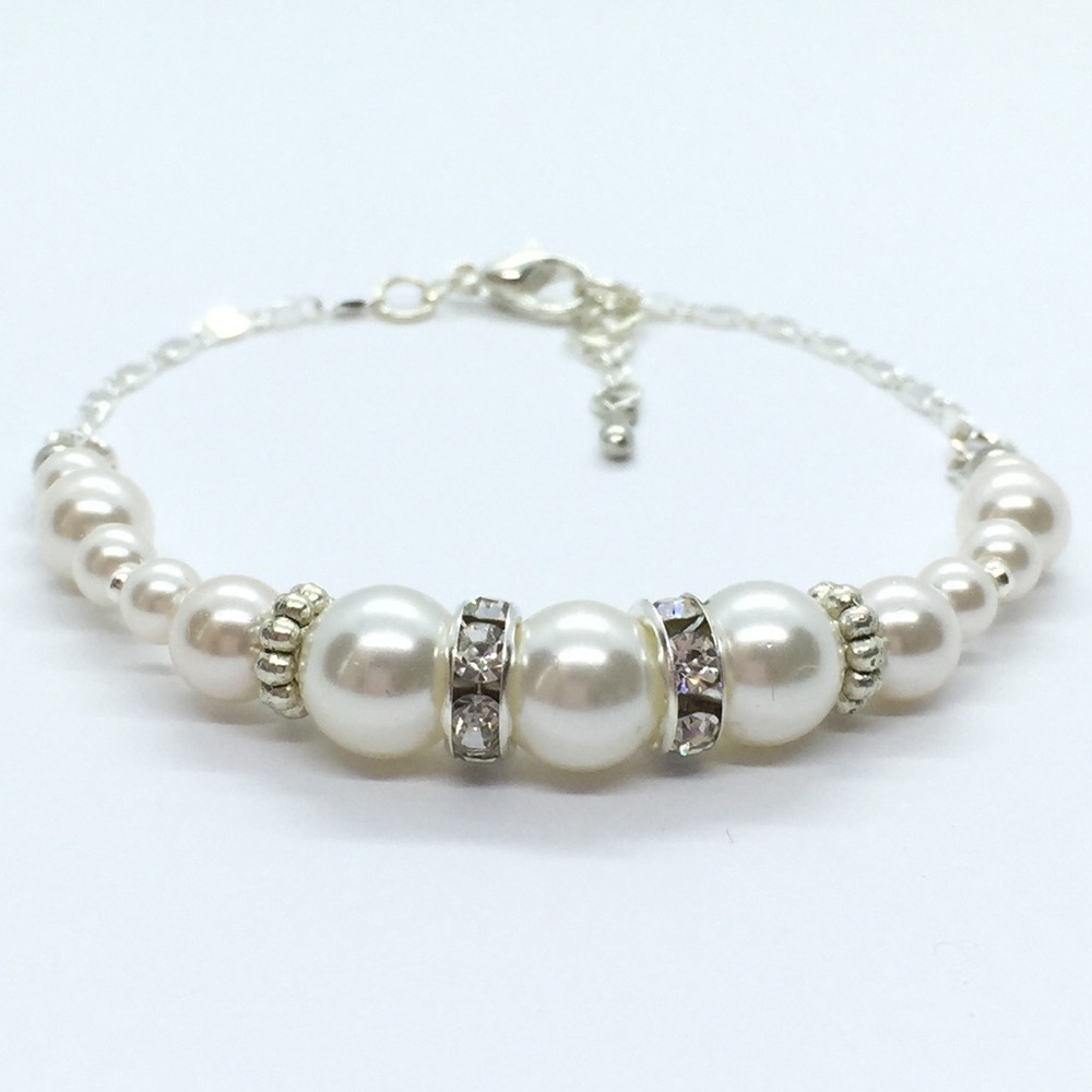 Ivory Glass Pearls w/ Rhinestone Chain Bracelet